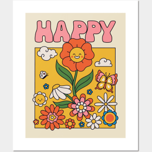 Happy groovy flower children colorful lettering Posters and Art